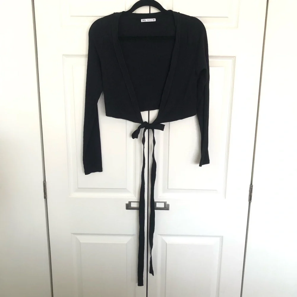 Black Zara Ribbed Wrap Long Sleeve Crop Top Size L